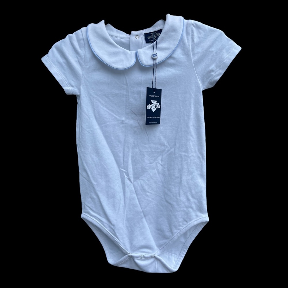 Trotters Thomas Brown Milo White Bodysuit 24m Blue Piped Peter Pan Collar
